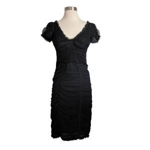 D&G Dolce & Gabbana Black Stretch Cotton Tulle Ruched Plunge Fitted Dress 42 Y2K